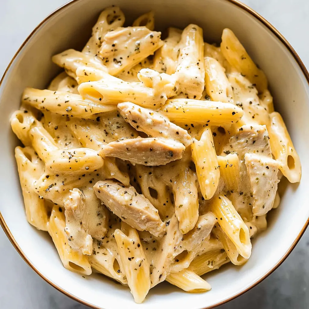A bowl of pasta with chicken and cheese.