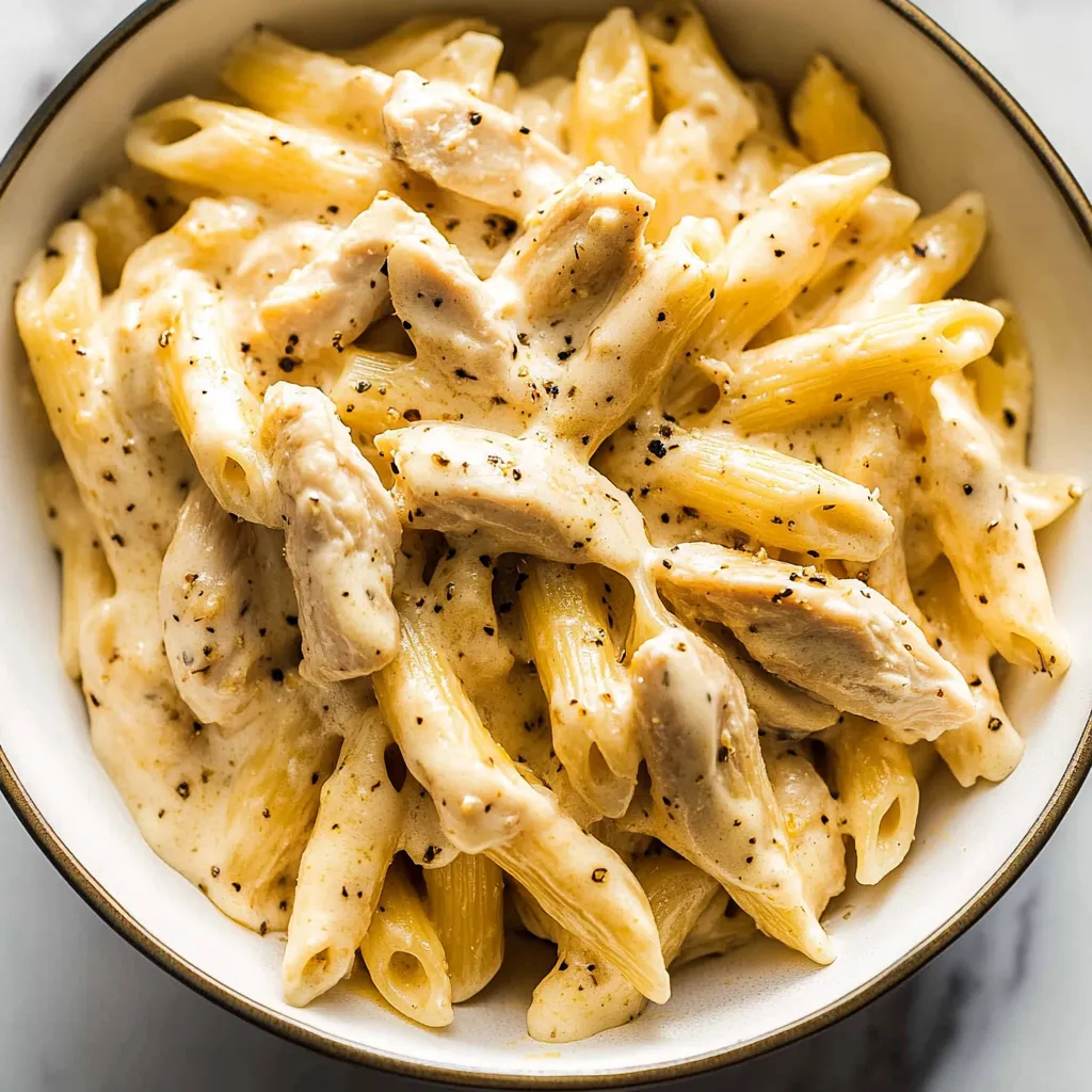 A bowl of pasta with chicken.