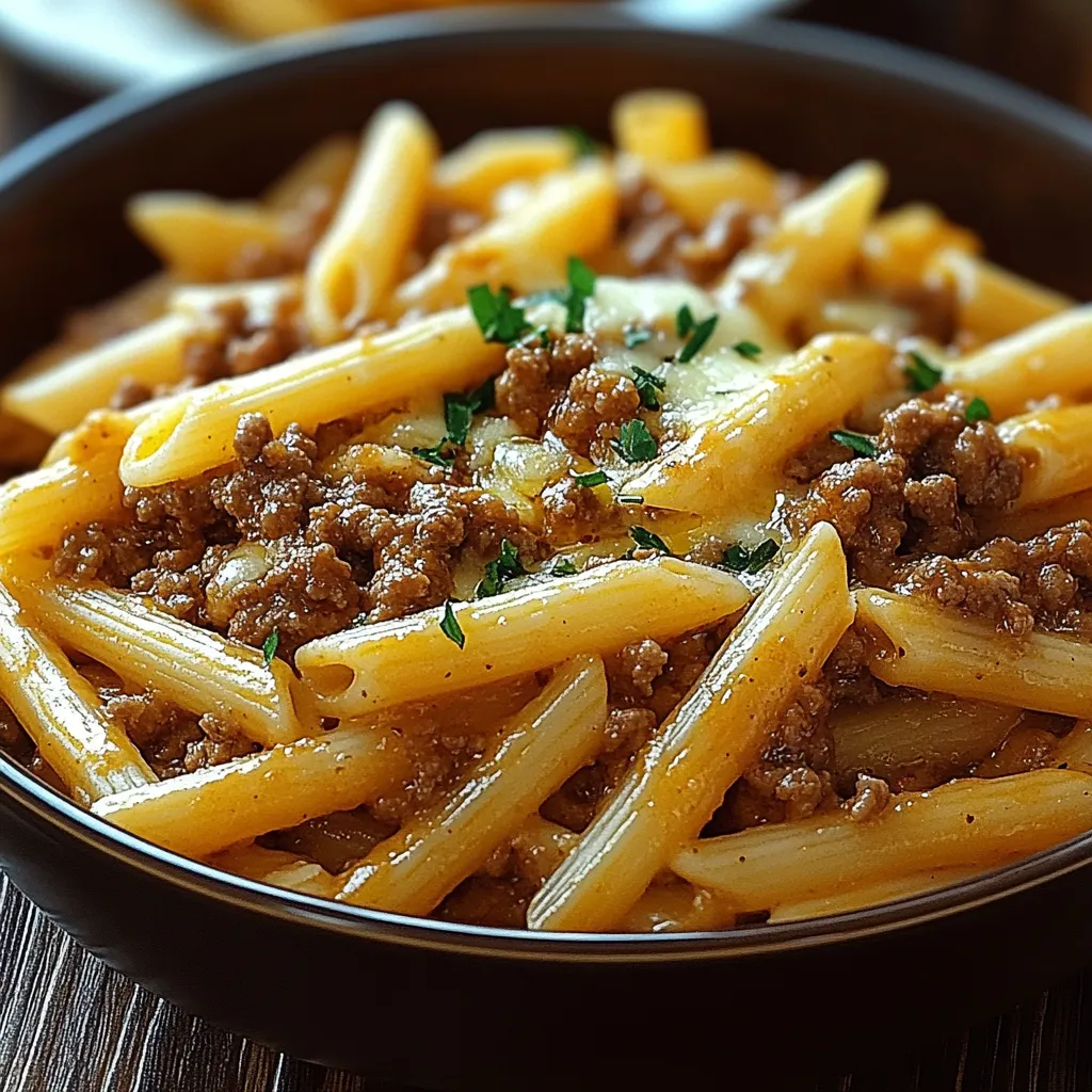 A bowl of pasta with meat and cheese.