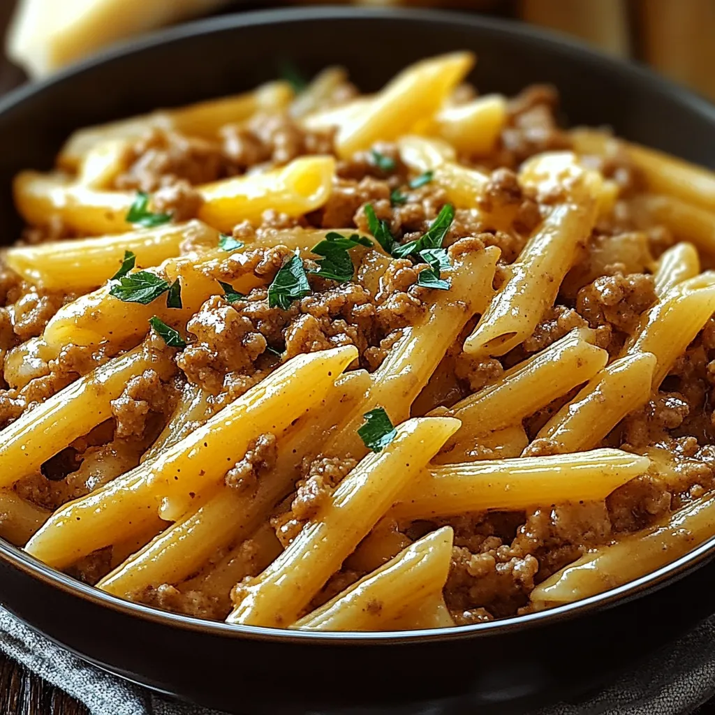 A bowl of pasta with meat and cheese.