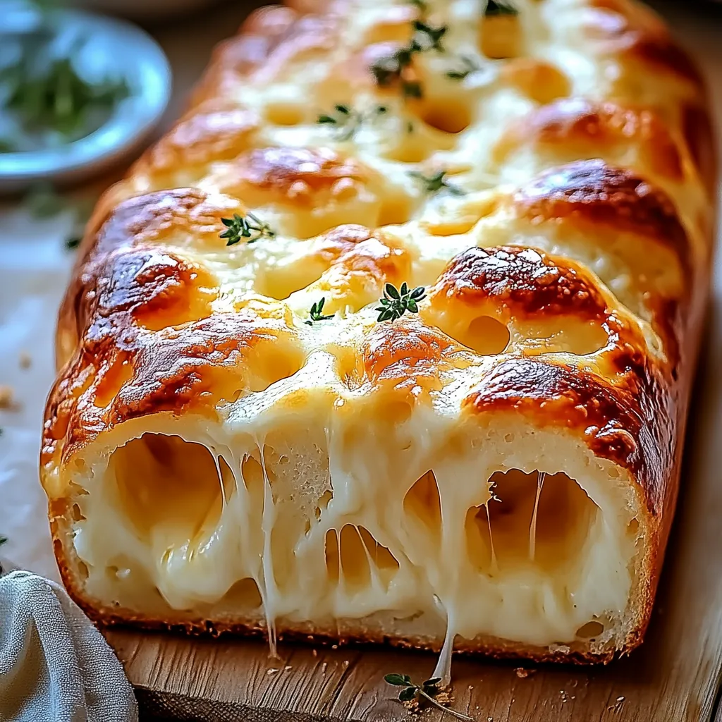 A slice of cheesy bread on a wooden cutting board.