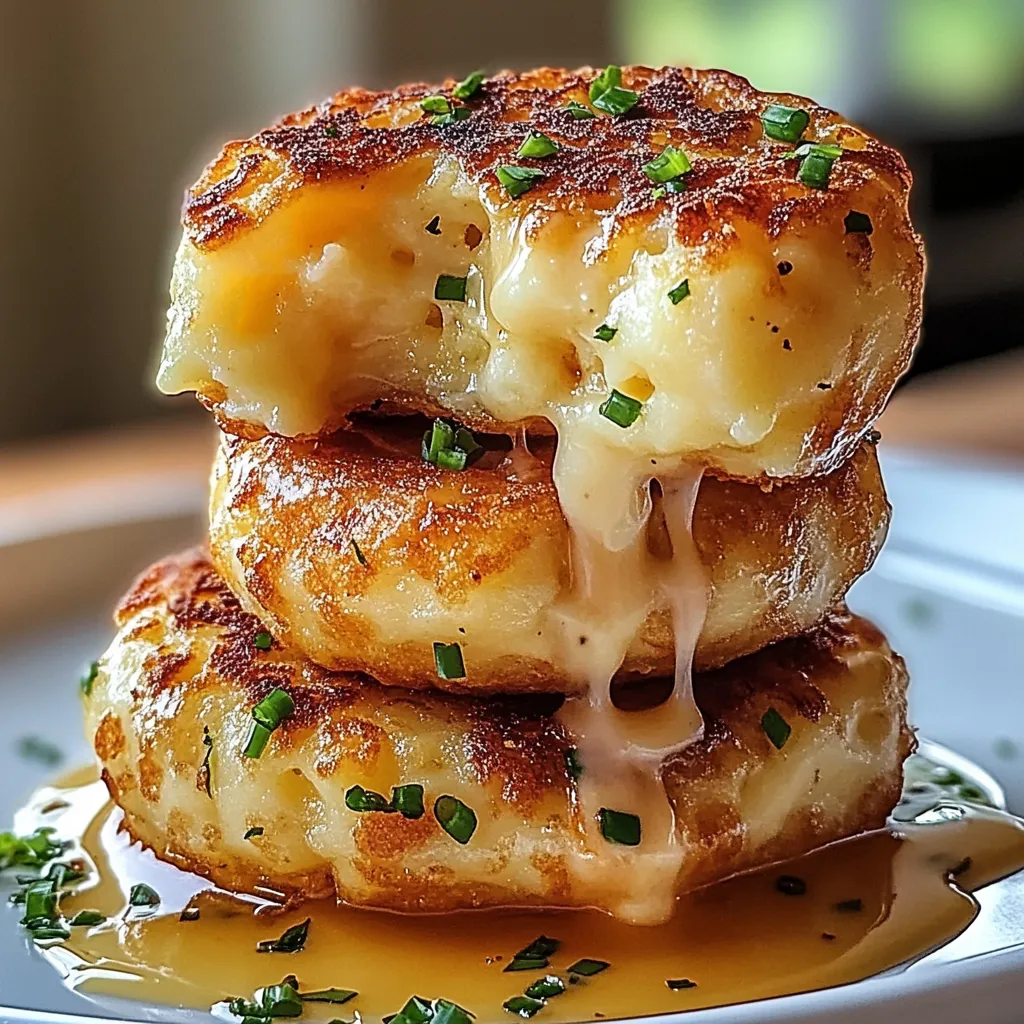A stack of three cheese-covered cakes.