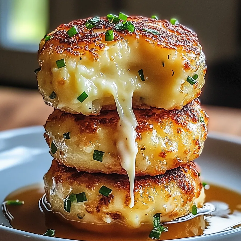 Two stacked pancakes with cheese dripping down.