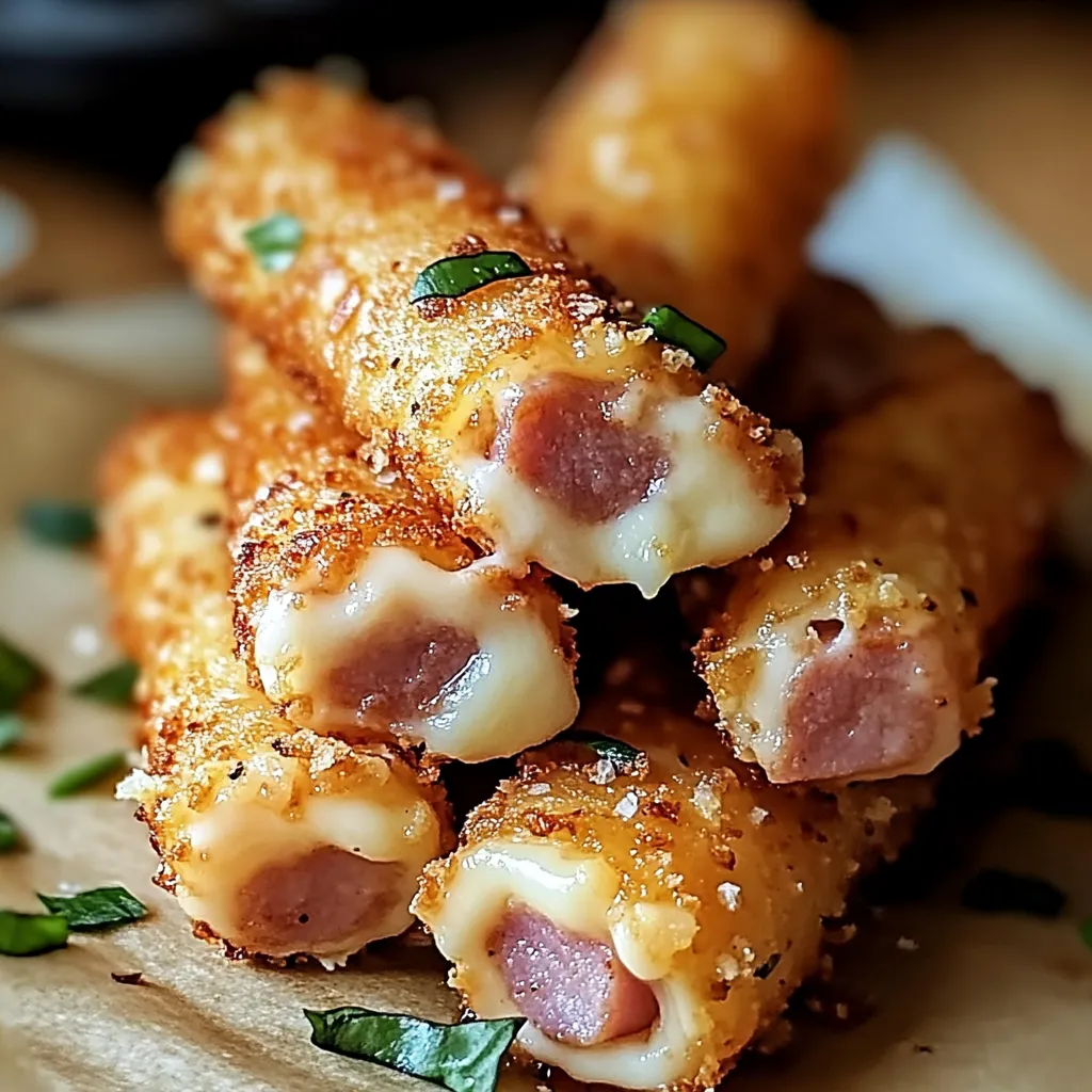 A pile of breaded hot dogs.
