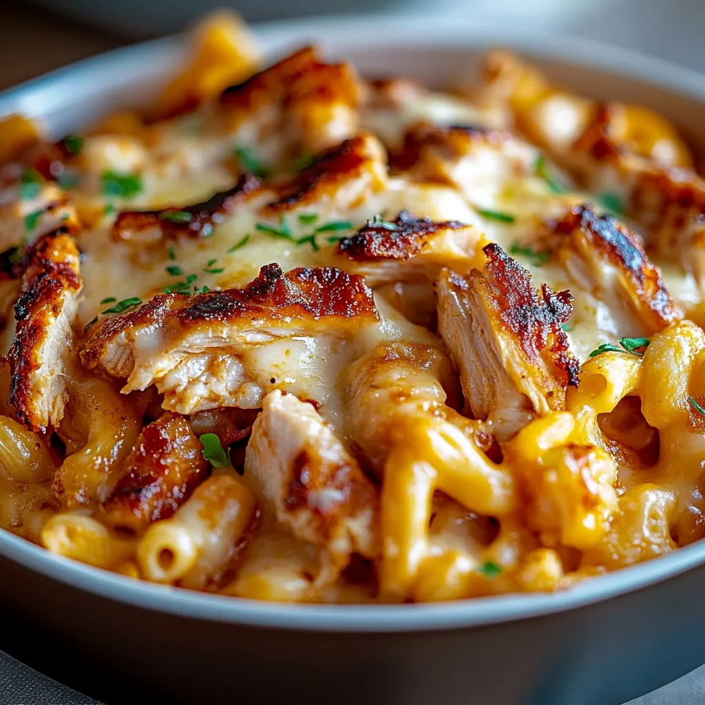 A bowl of macaroni and cheese with chicken.