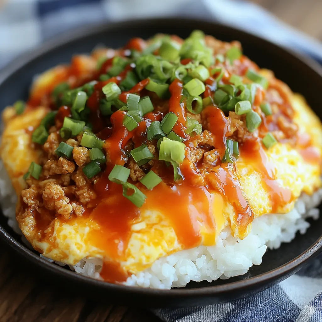 A bowl of food with sauce on top.