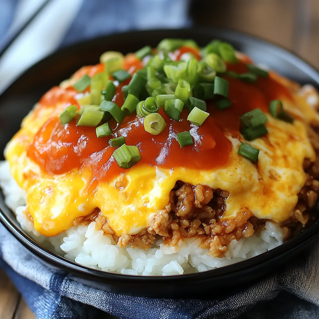 A bowl of food with sauce on top.