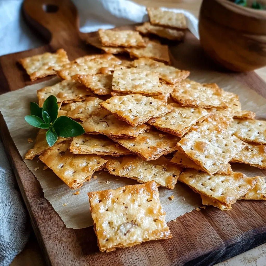 A wooden cutting board with crackers on it.