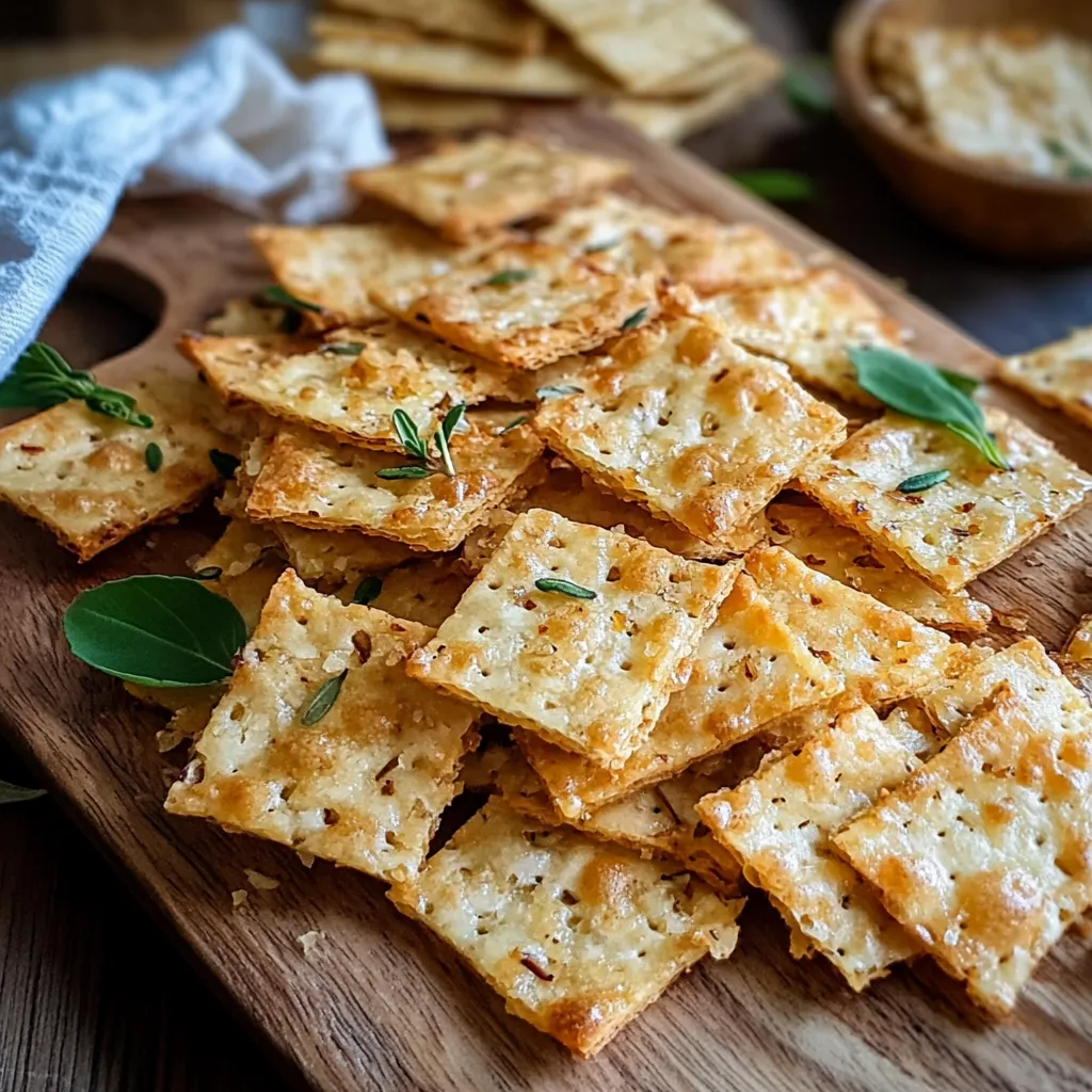 A wooden cutting board with crackers on it.