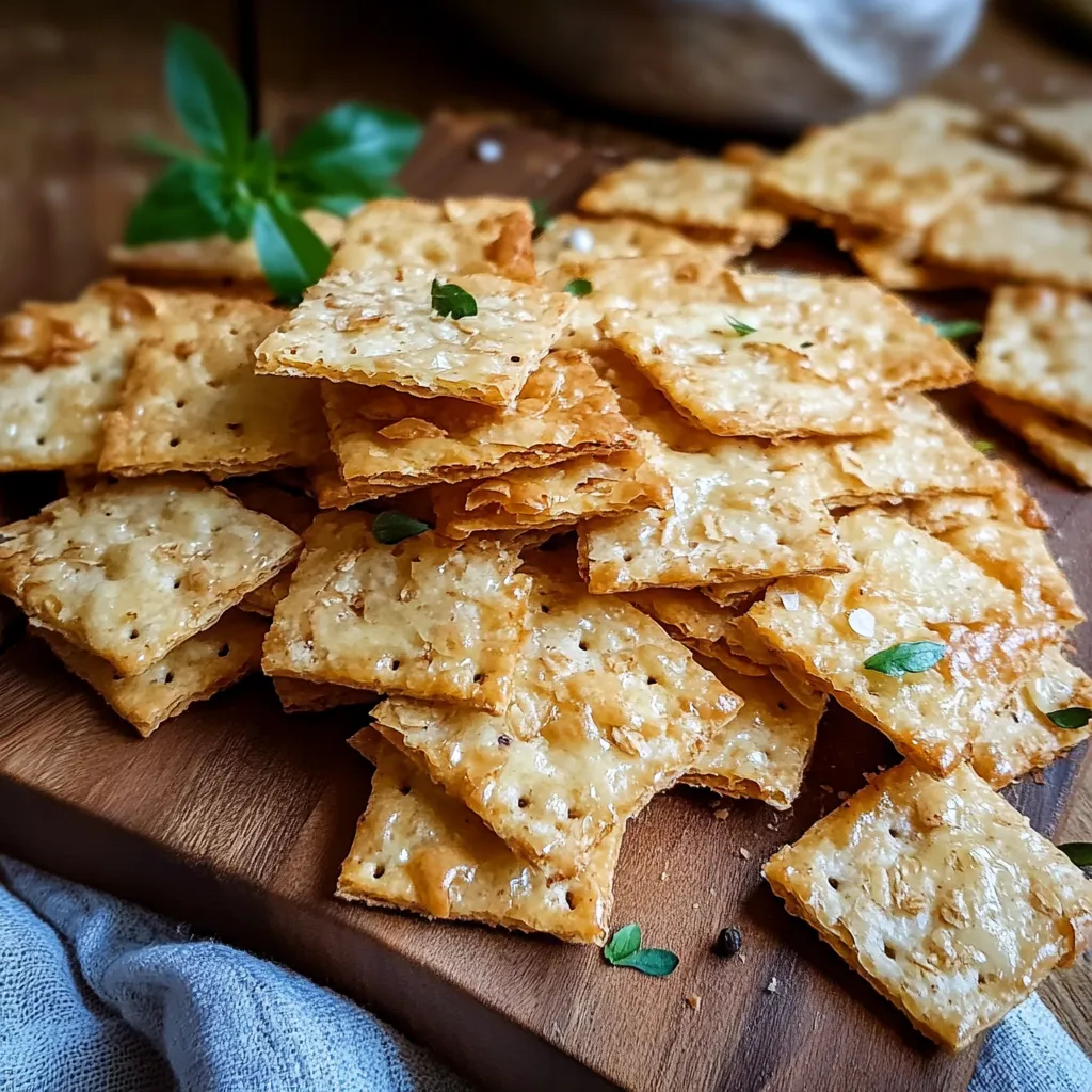A wooden cutting board with a pile of crackers.