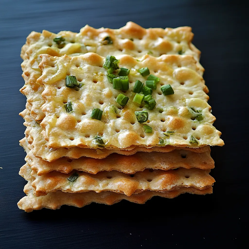 A stack of crackers with green toppings.