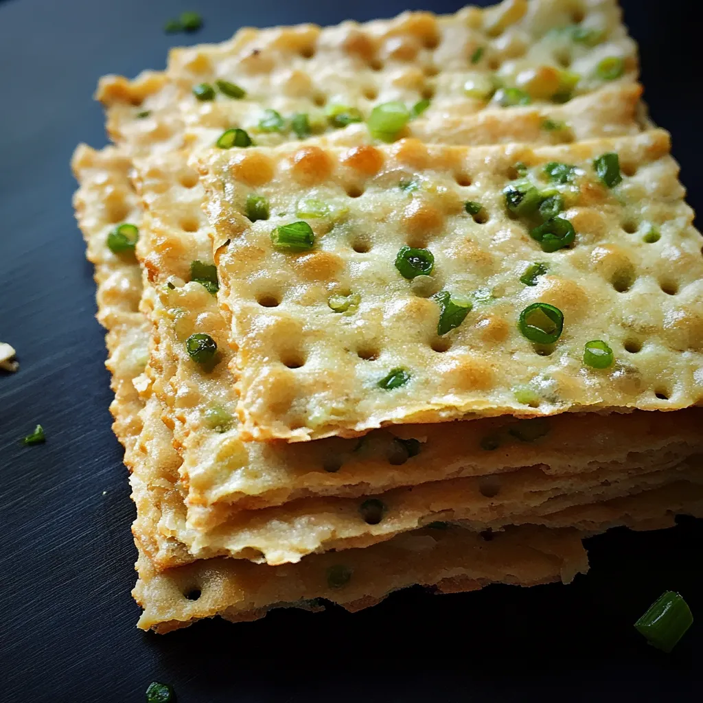A stack of crackers with green toppings.