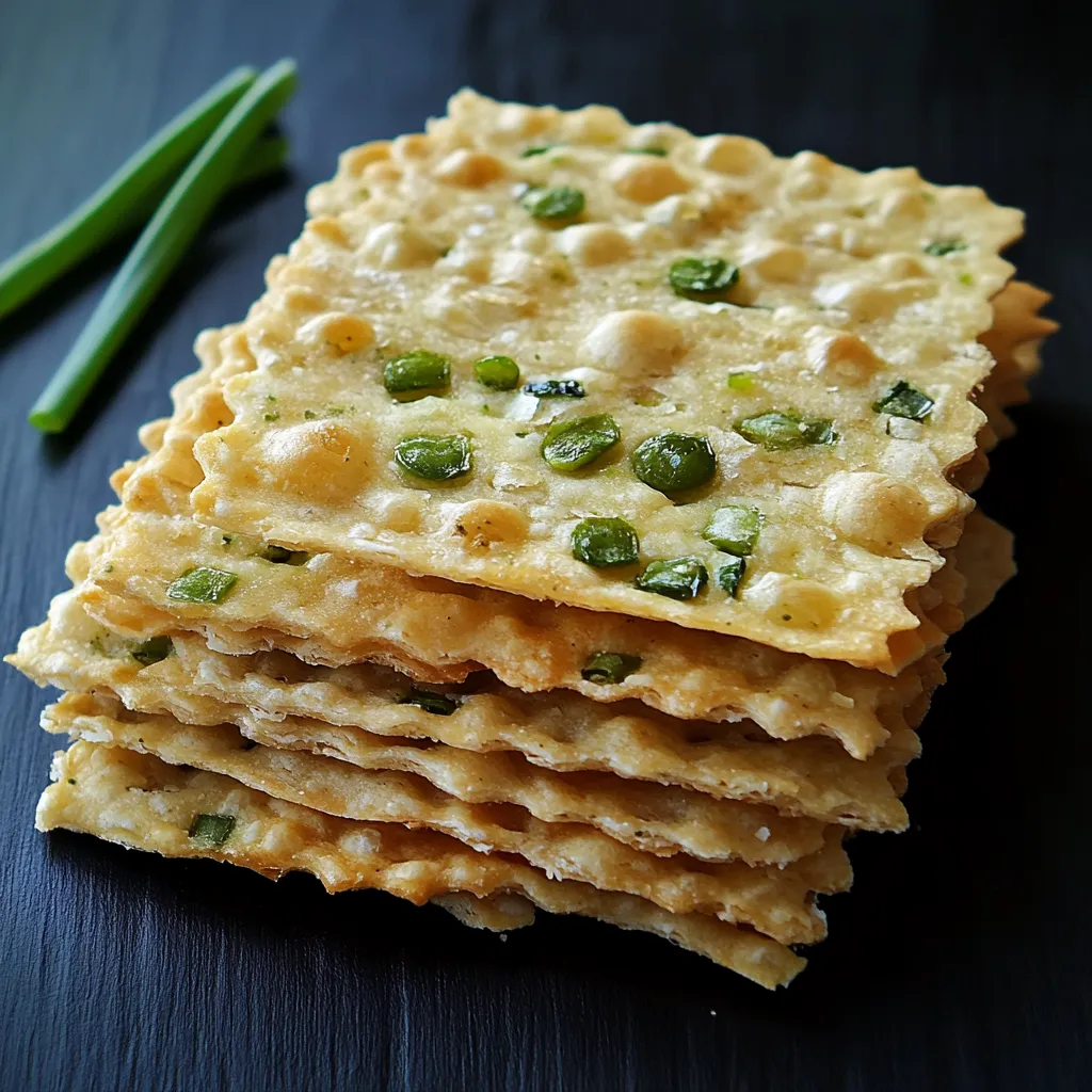 A stack of crackers with green peppers on top.