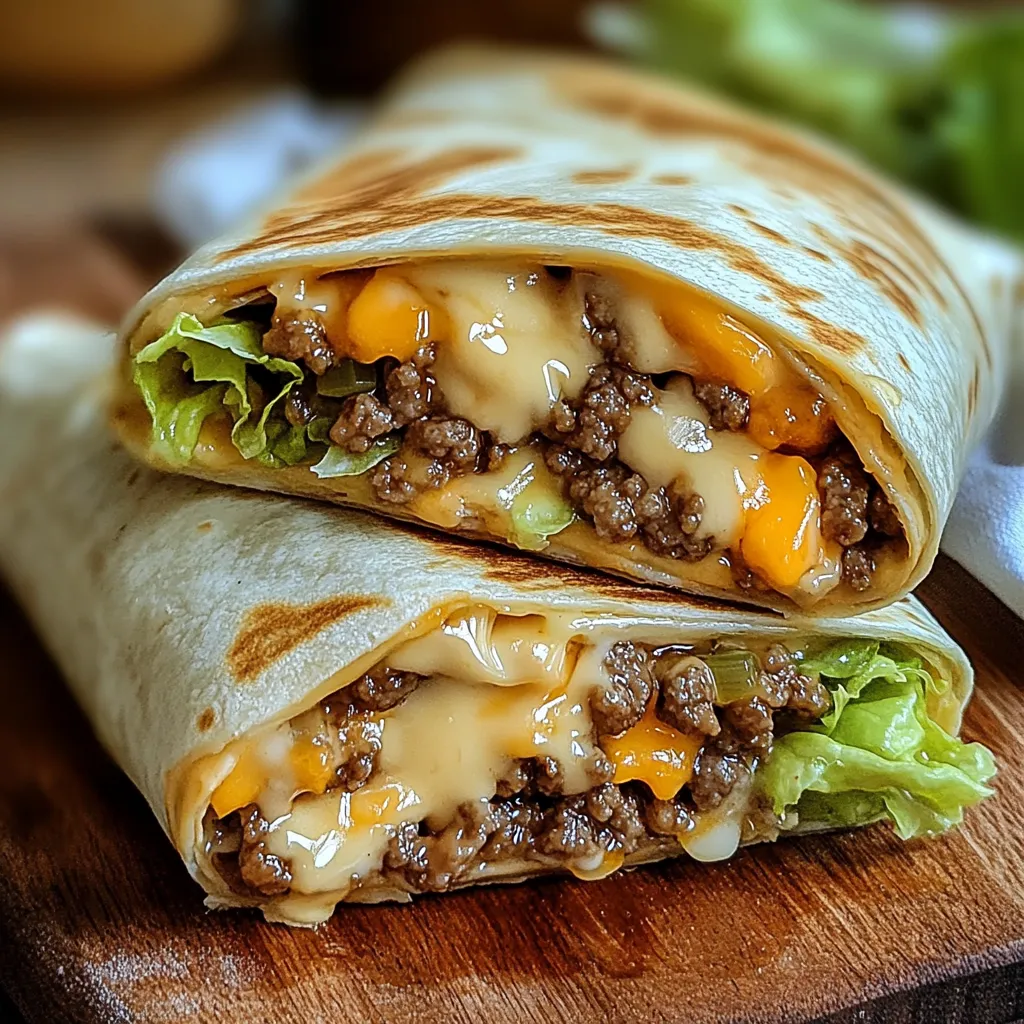 Two burritos with meat and cheese on a wooden table.