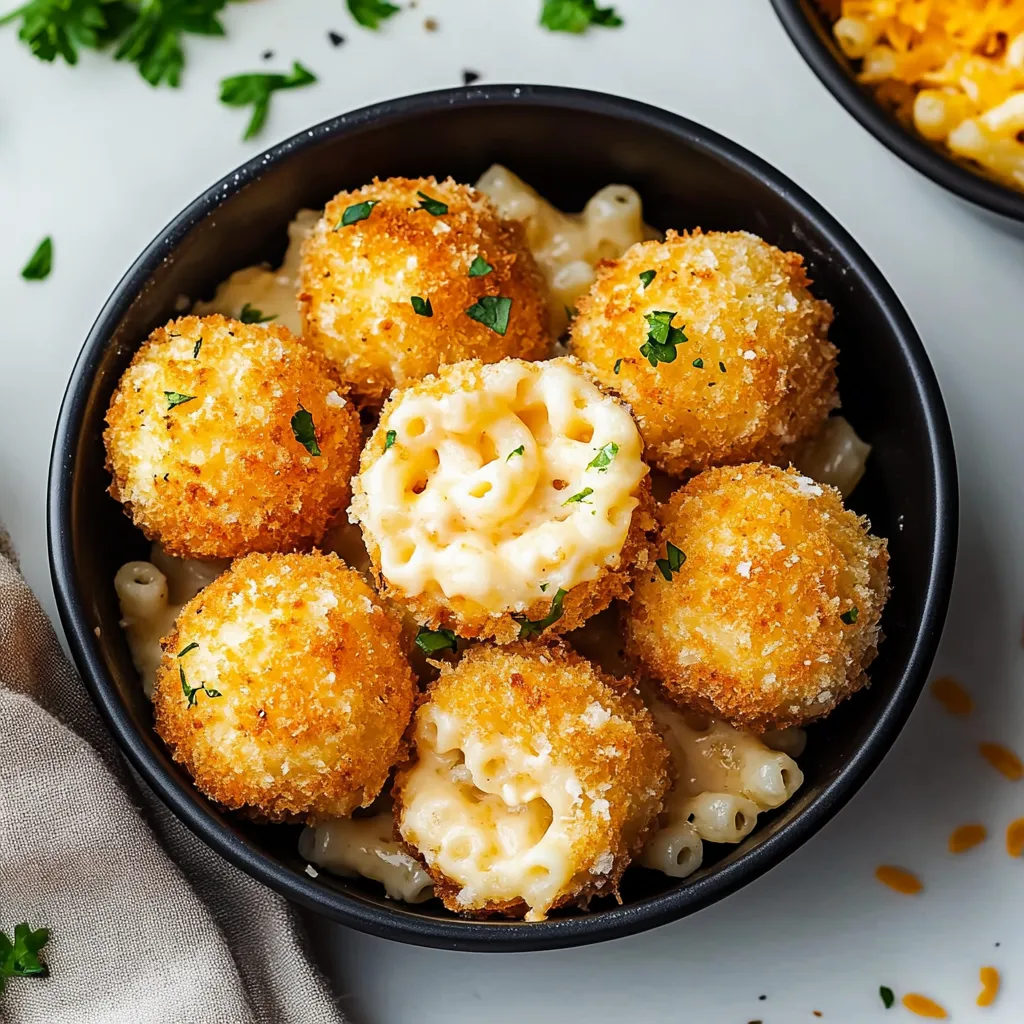 A bowl of macaroni and cheese with breaded meatballs on top.