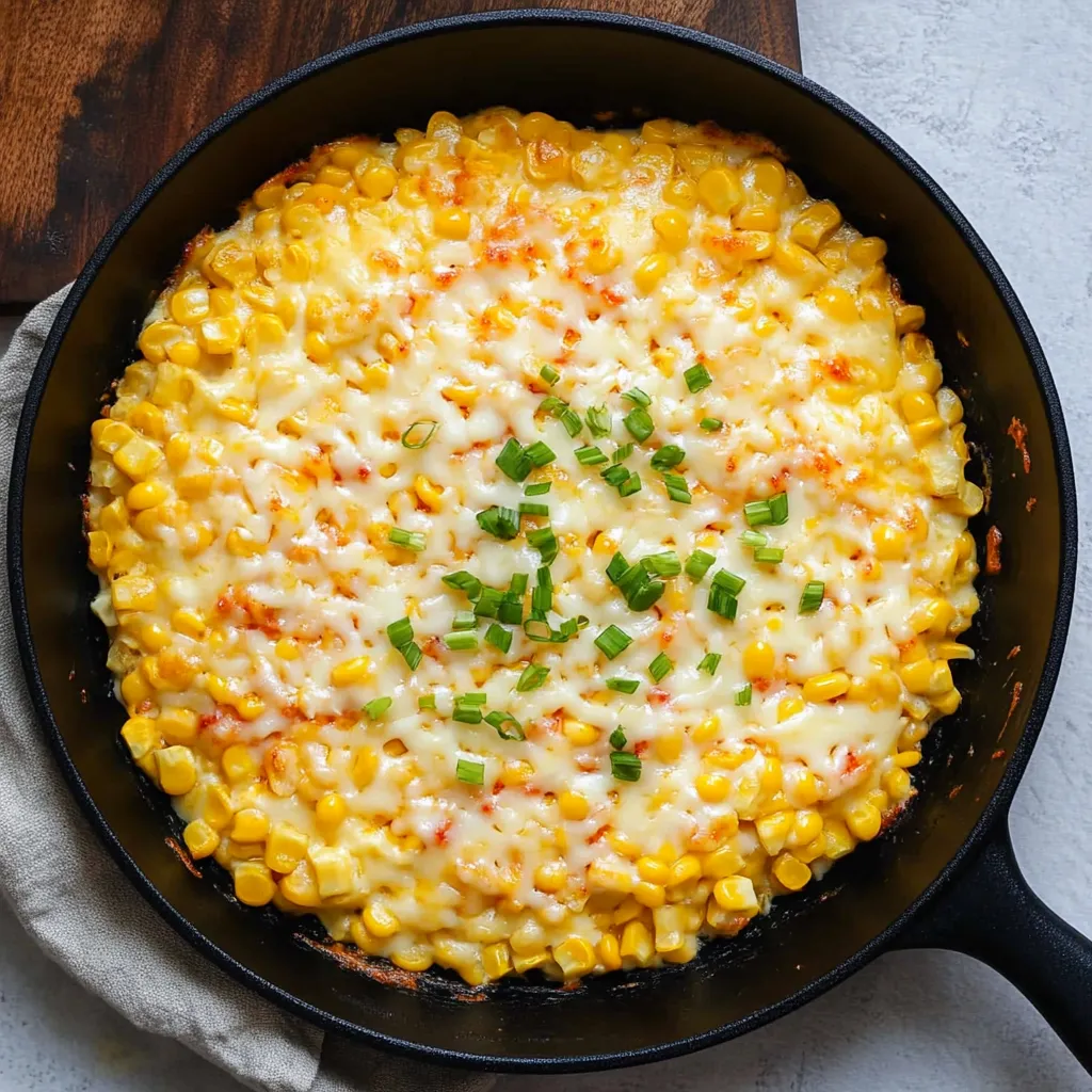 A pan of corn with cheese and green onions.