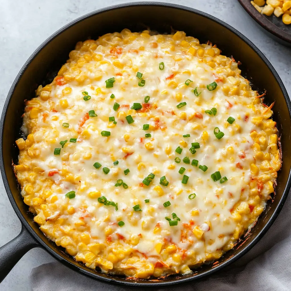 A pan of corn with cheese and green onions.