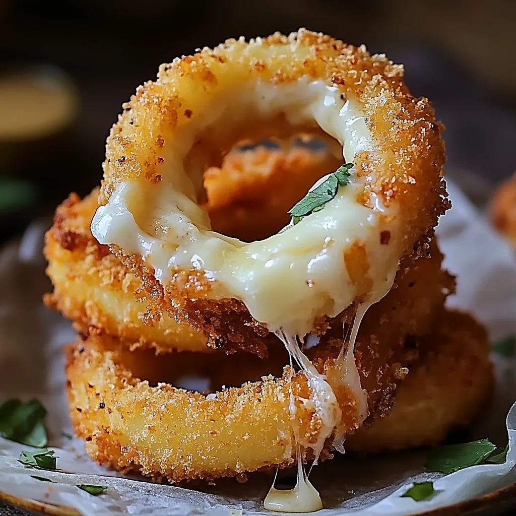 A plate of onion rings with cheese on top.