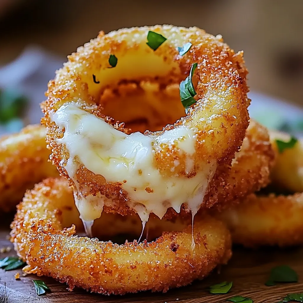 A pile of onion rings with cheese on top.