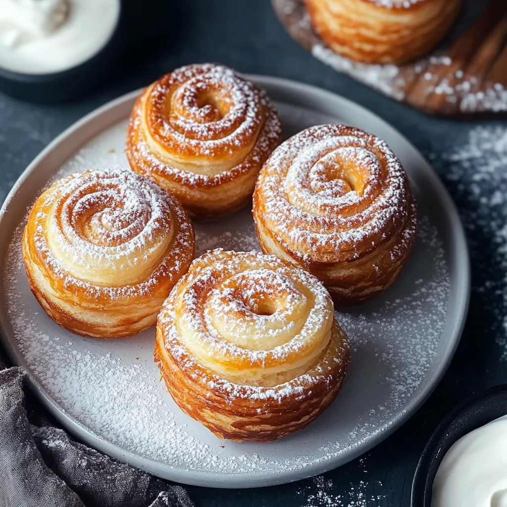Three donuts with powdered sugar on a plate.