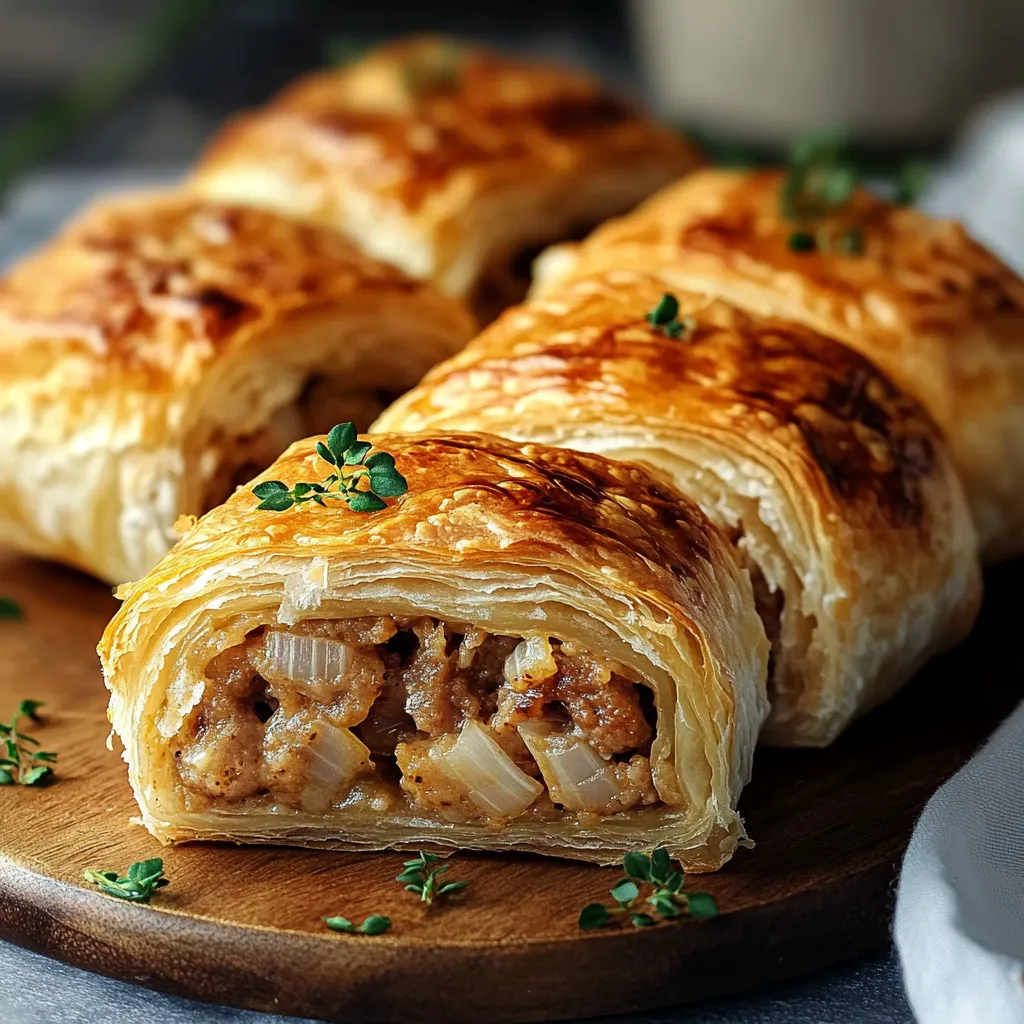 A pastry with onions and meat on a wooden board.