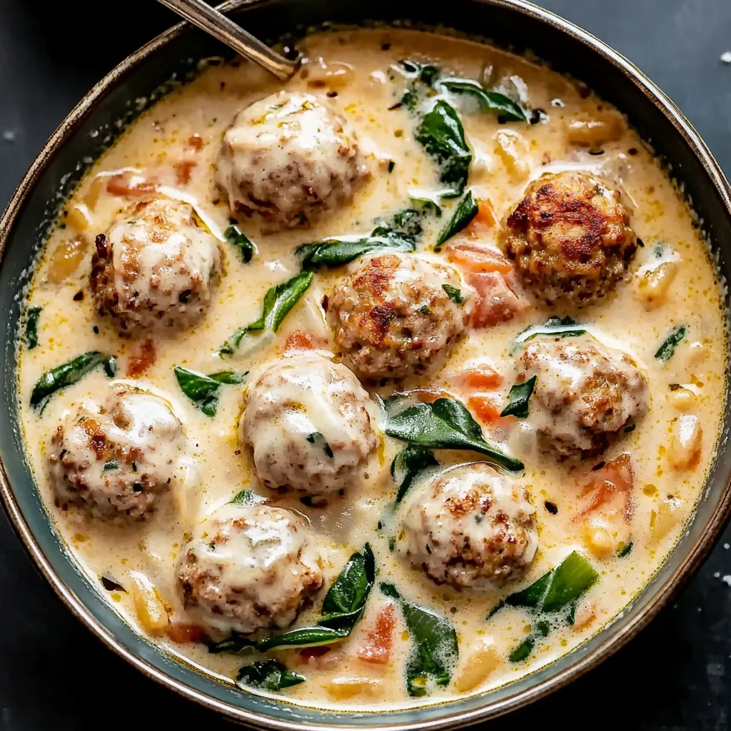 A bowl of soup with meatballs and greens.