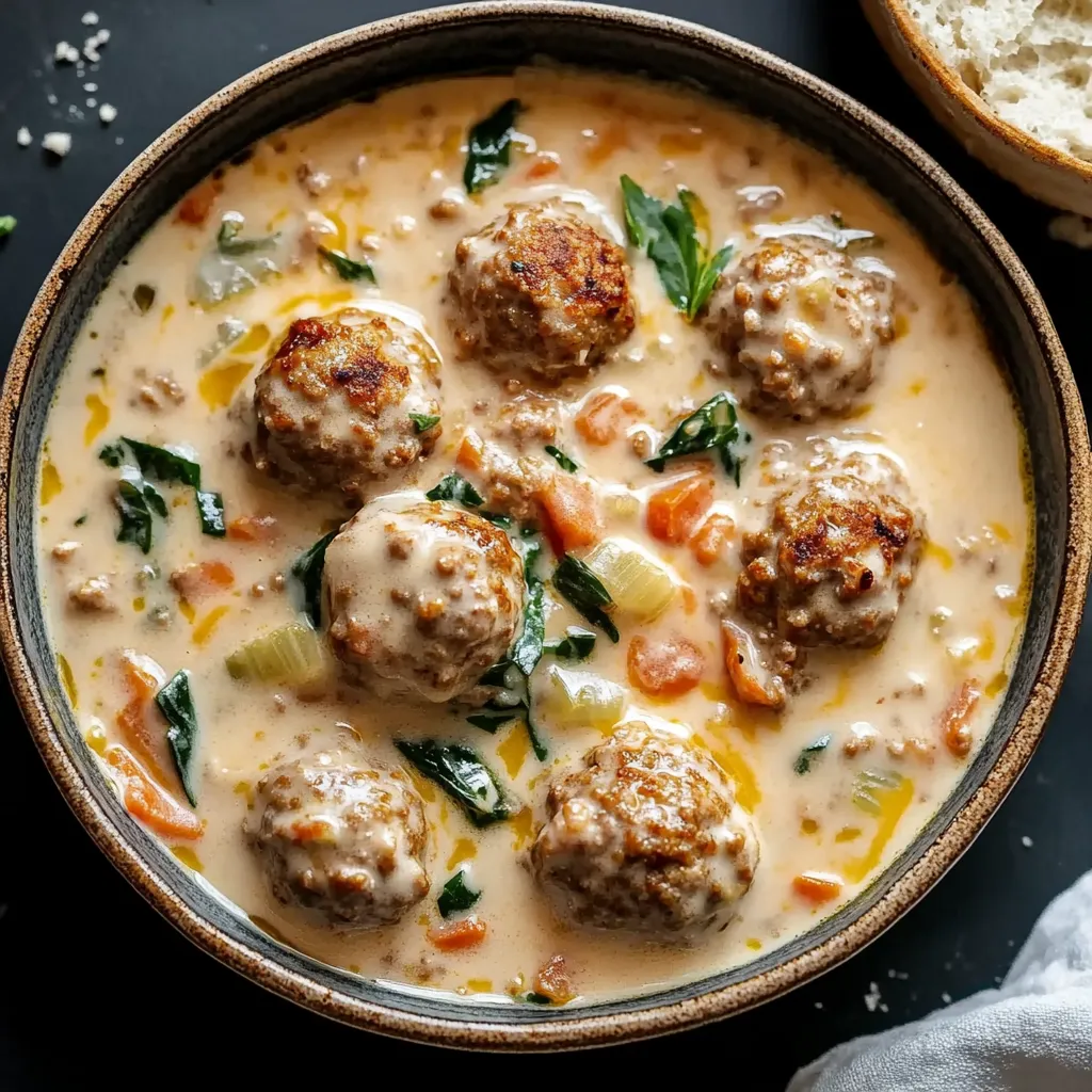 A bowl of soup with meatballs and vegetables.