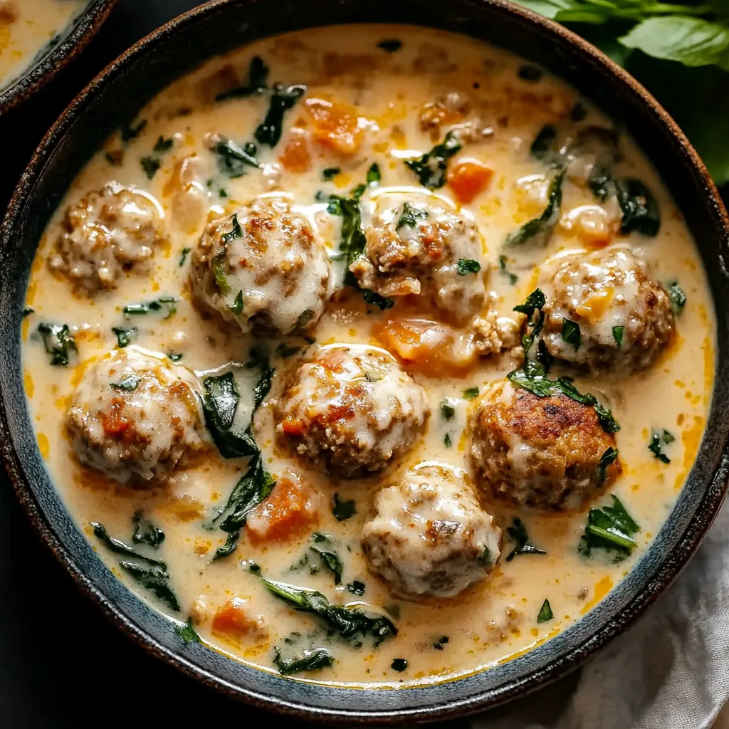 A bowl of soup with meatballs and greens.