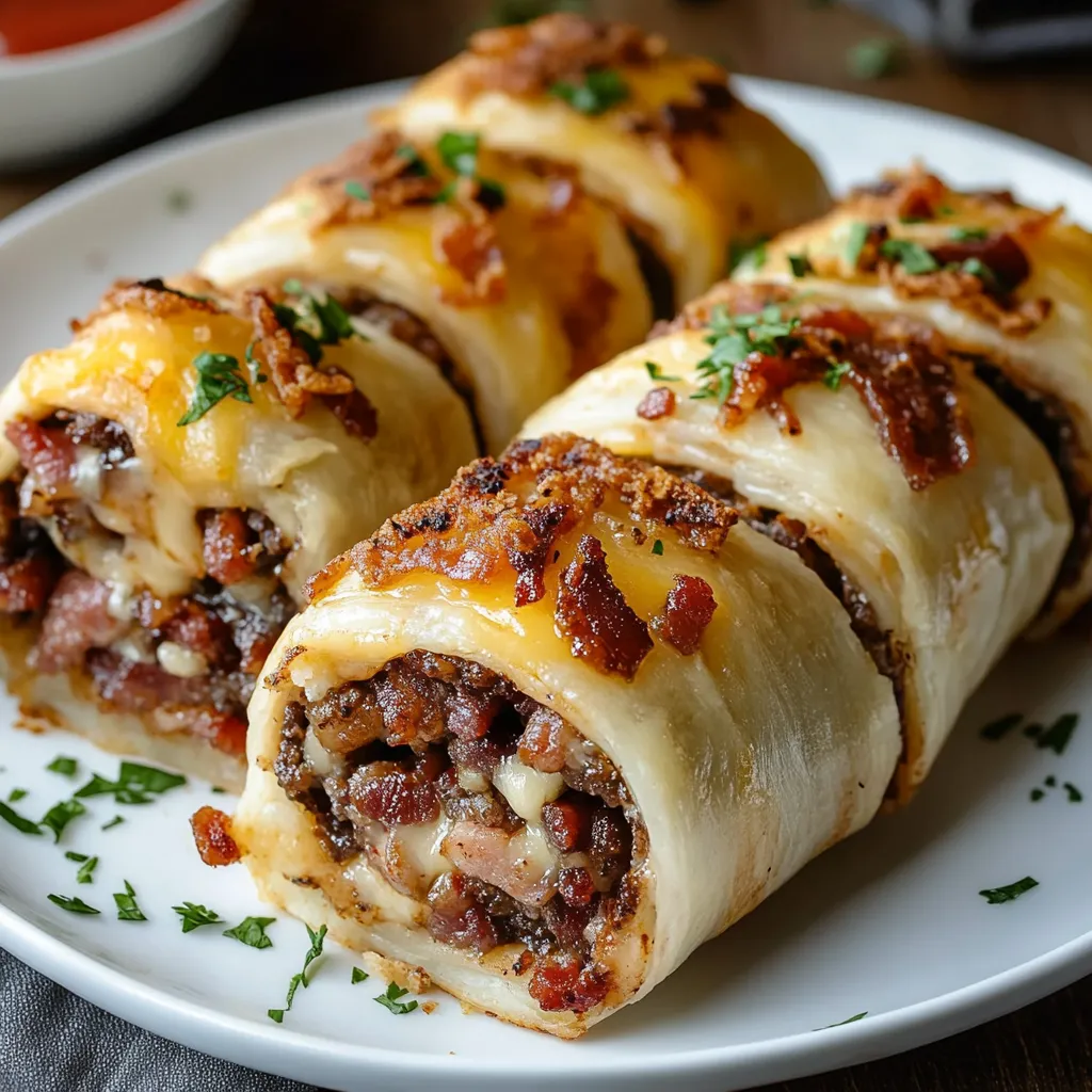 A plate of food with a meat roll on it.