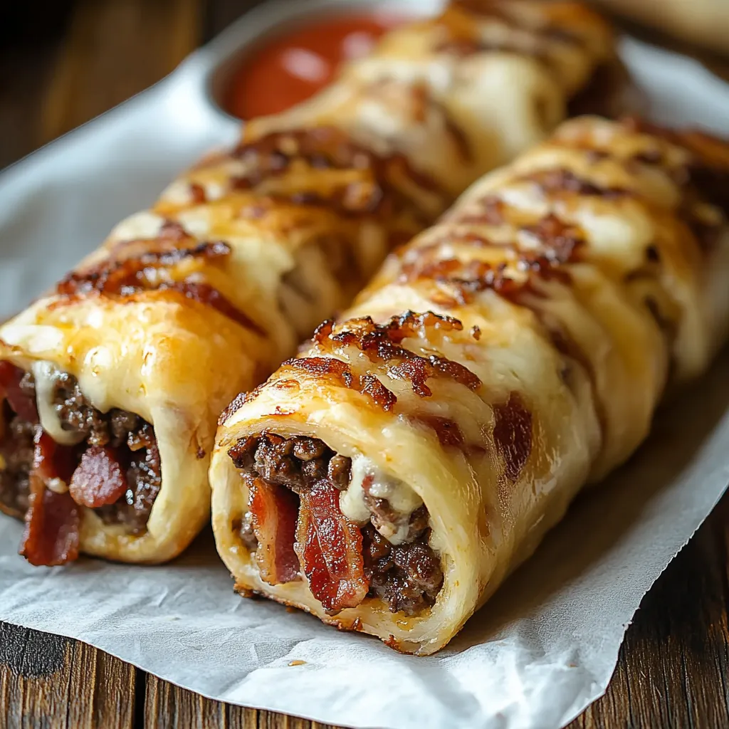 Two bacon wrapped sandwiches with cheese and ketchup.