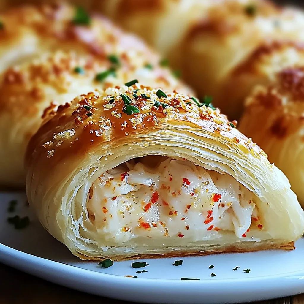 A plate of food with a pastry and a green herb.