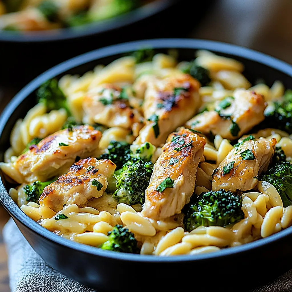 A bowl of pasta with chicken and broccoli.