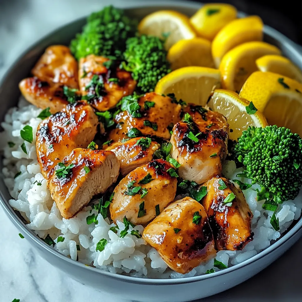 A bowl of food with chicken, broccoli, and lemon.