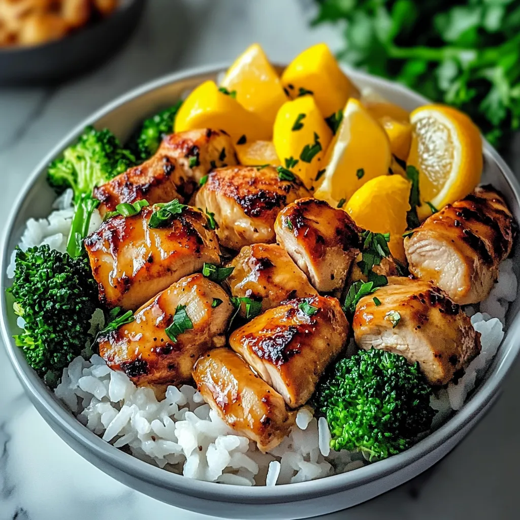 A bowl of food with rice, broccoli, and lemon wedges.