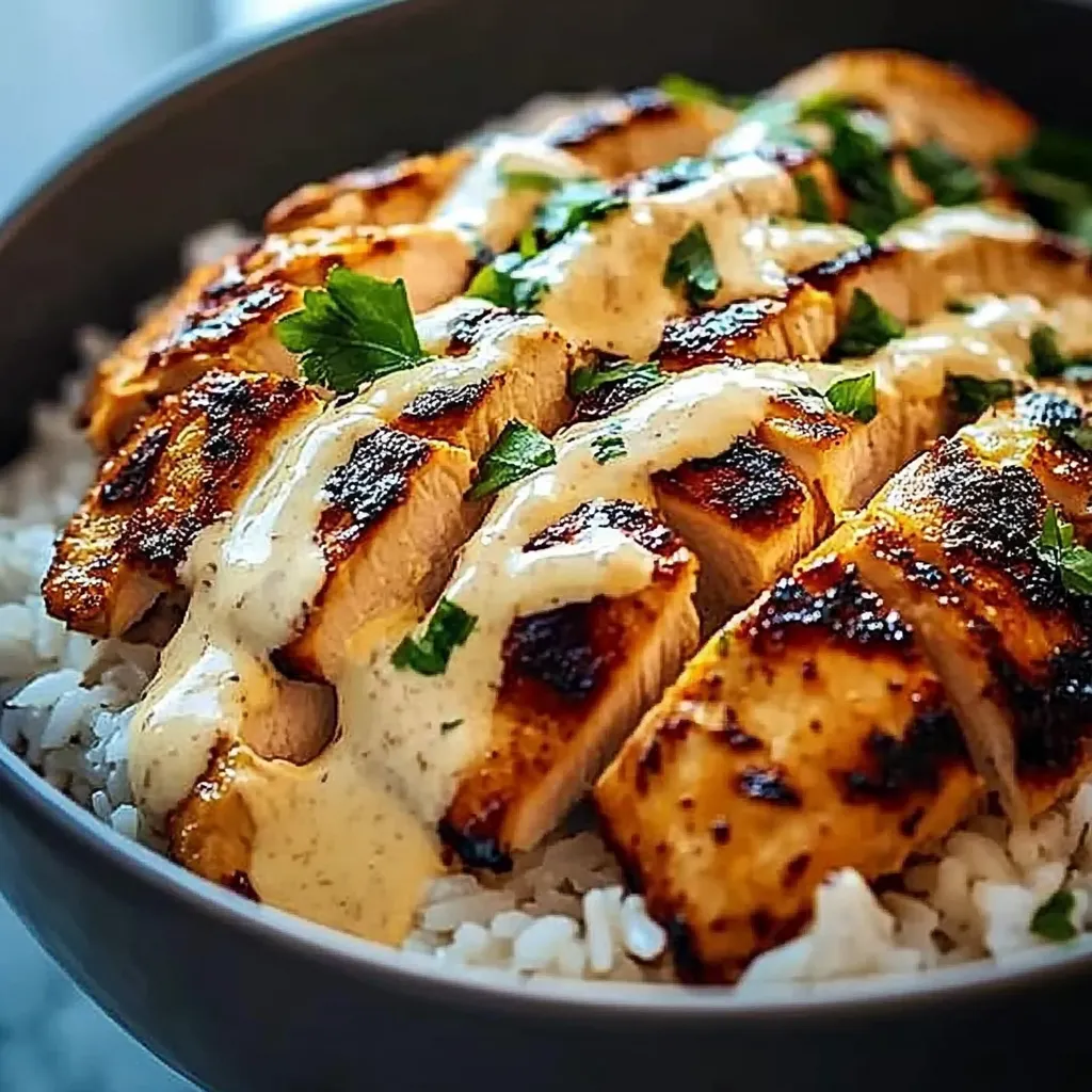 A bowl of rice with chicken and sauce.