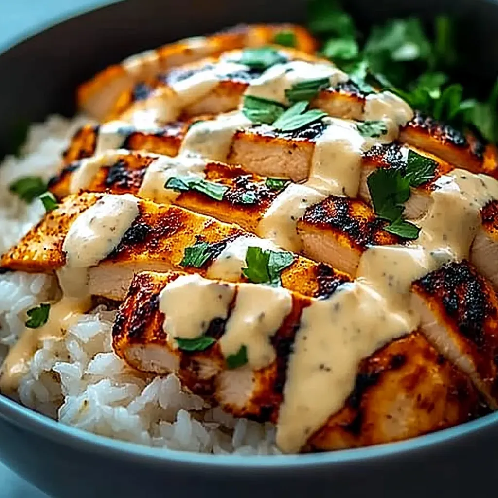 A bowl of rice with chicken and sauce.
