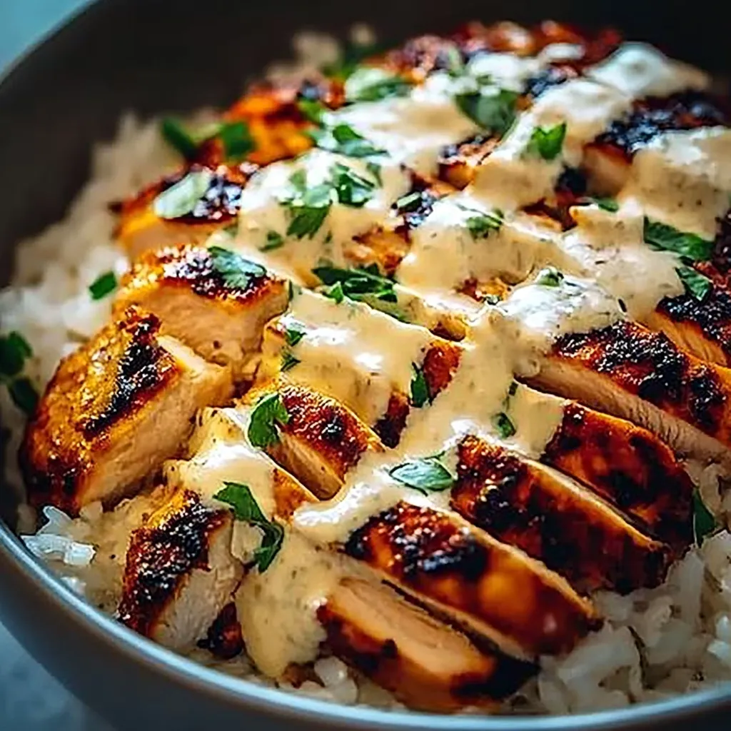 A bowl of rice with chicken and sauce.