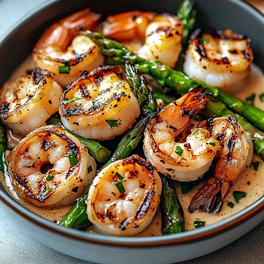 A bowl of shrimp and asparagus.