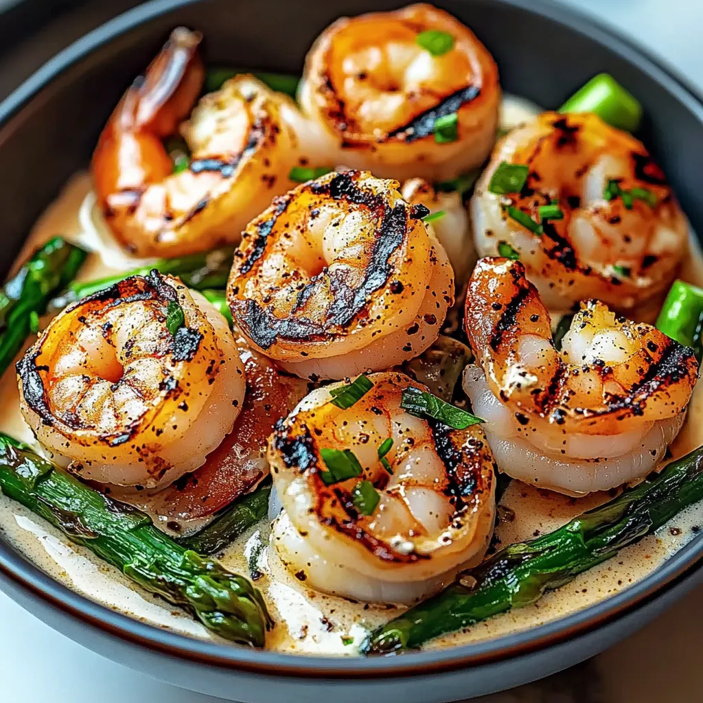 A bowl of shrimp and asparagus.