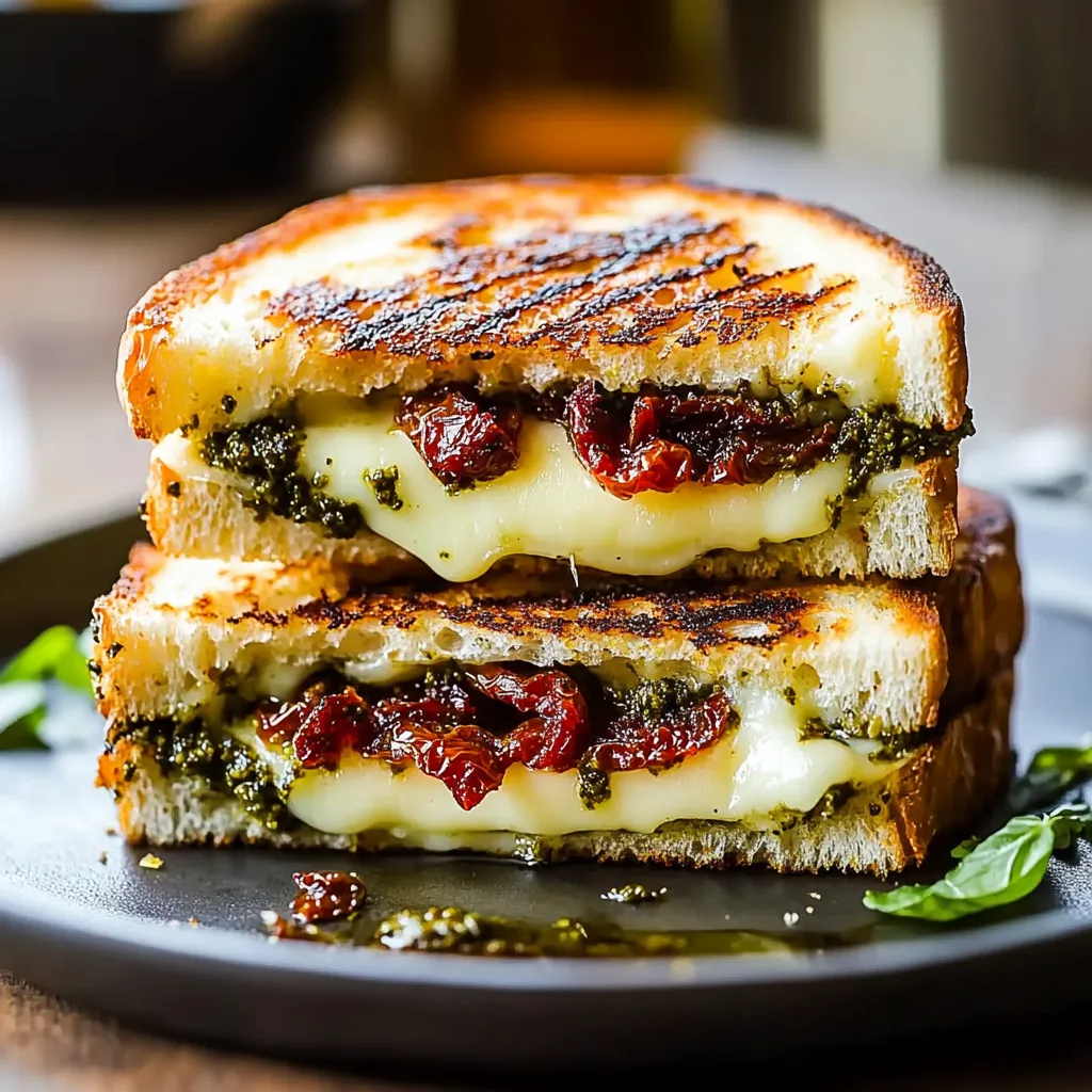 Two grilled cheese sandwiches with tomatoes and basil.