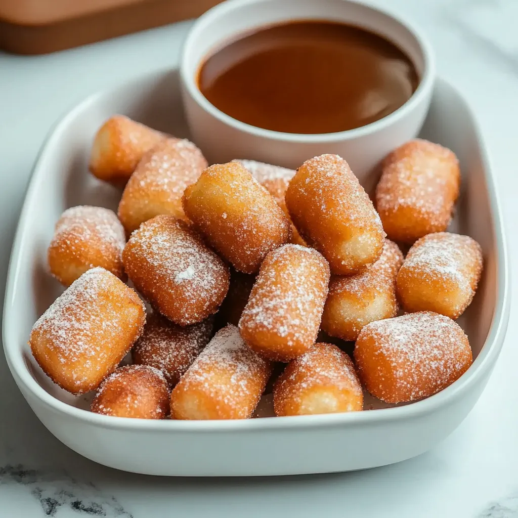A bowl of powdered sugar doughnuts.