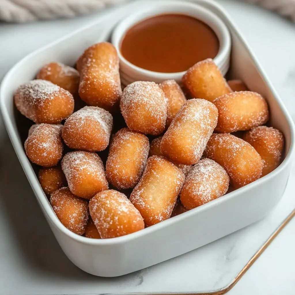 A bowl of powdered donuts with a dipping sauce.