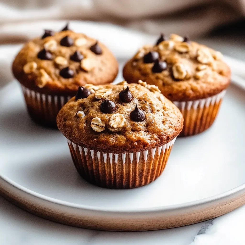 Three muffins with chocolate chips on a plate.