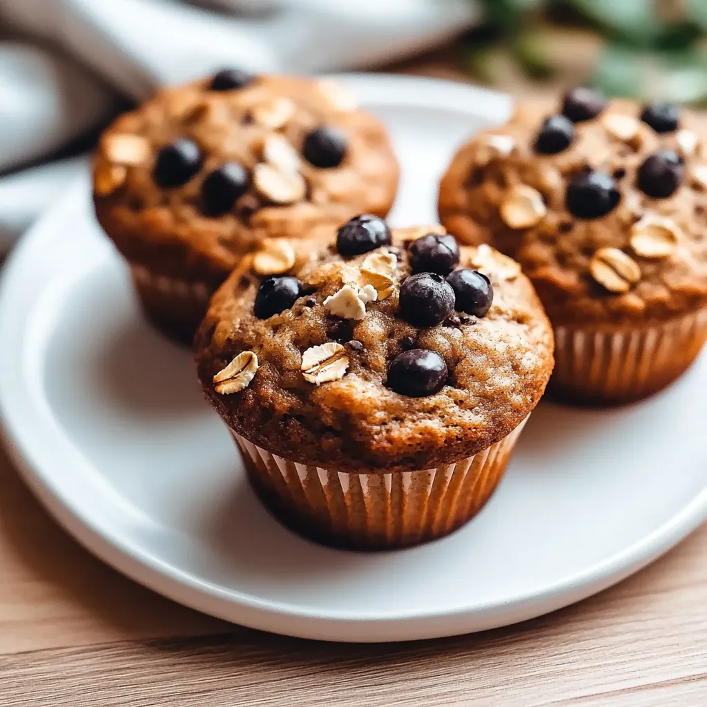 Three muffins with chocolate chips and blueberries on a white plate.