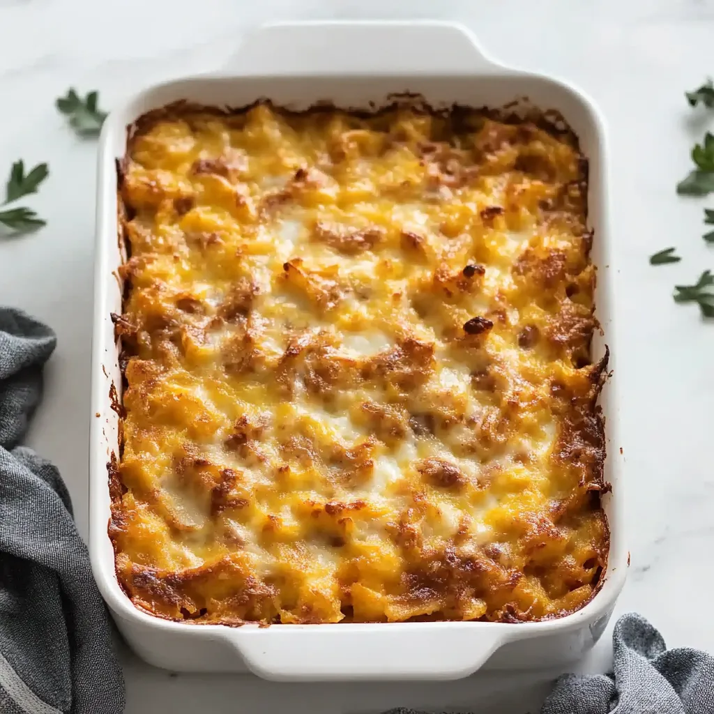 A casserole dish filled with cheesy macaroni.