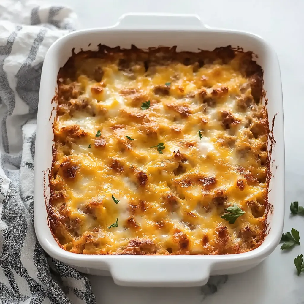 A white bowl with a casserole in it.