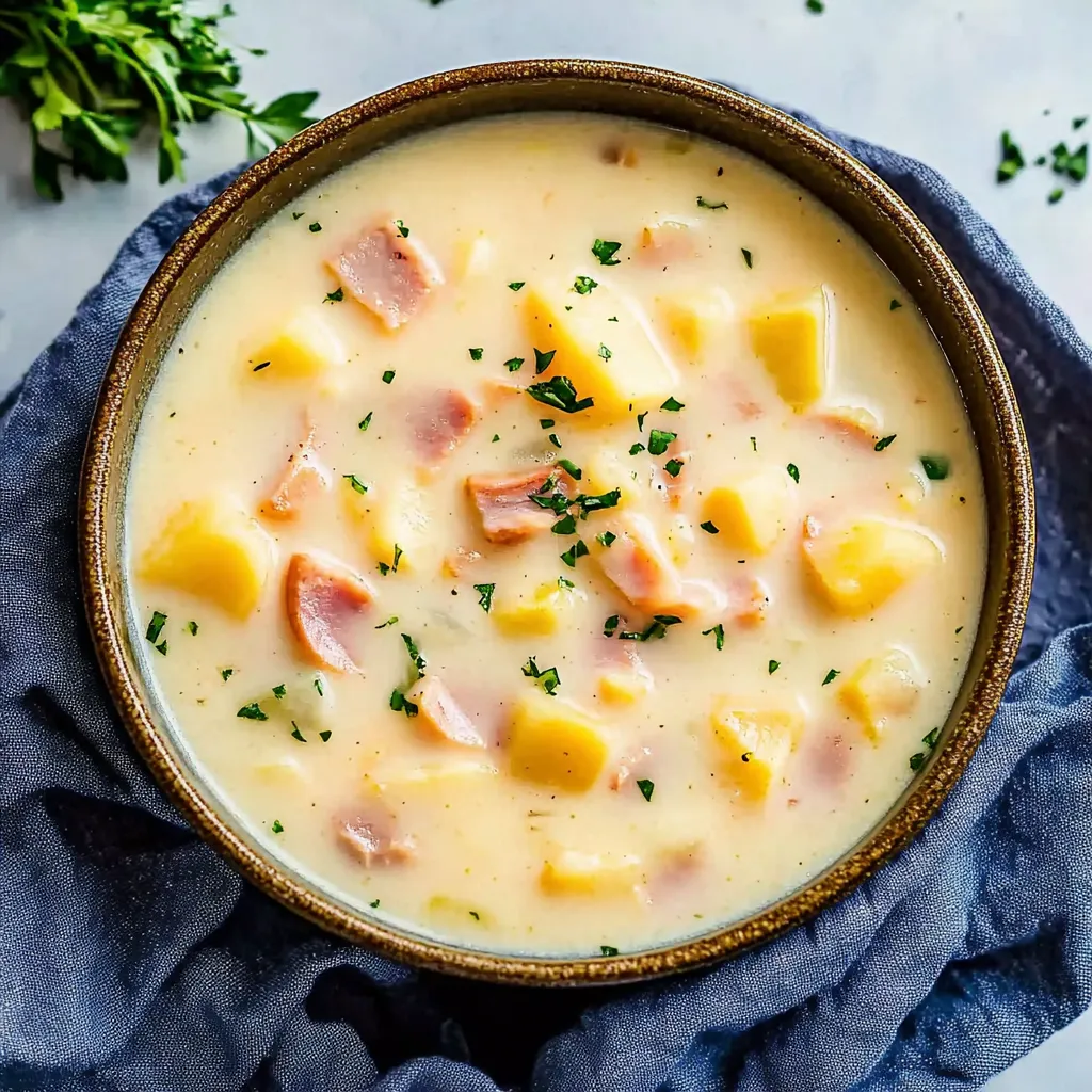 A bowl of soup with a green herb on top.