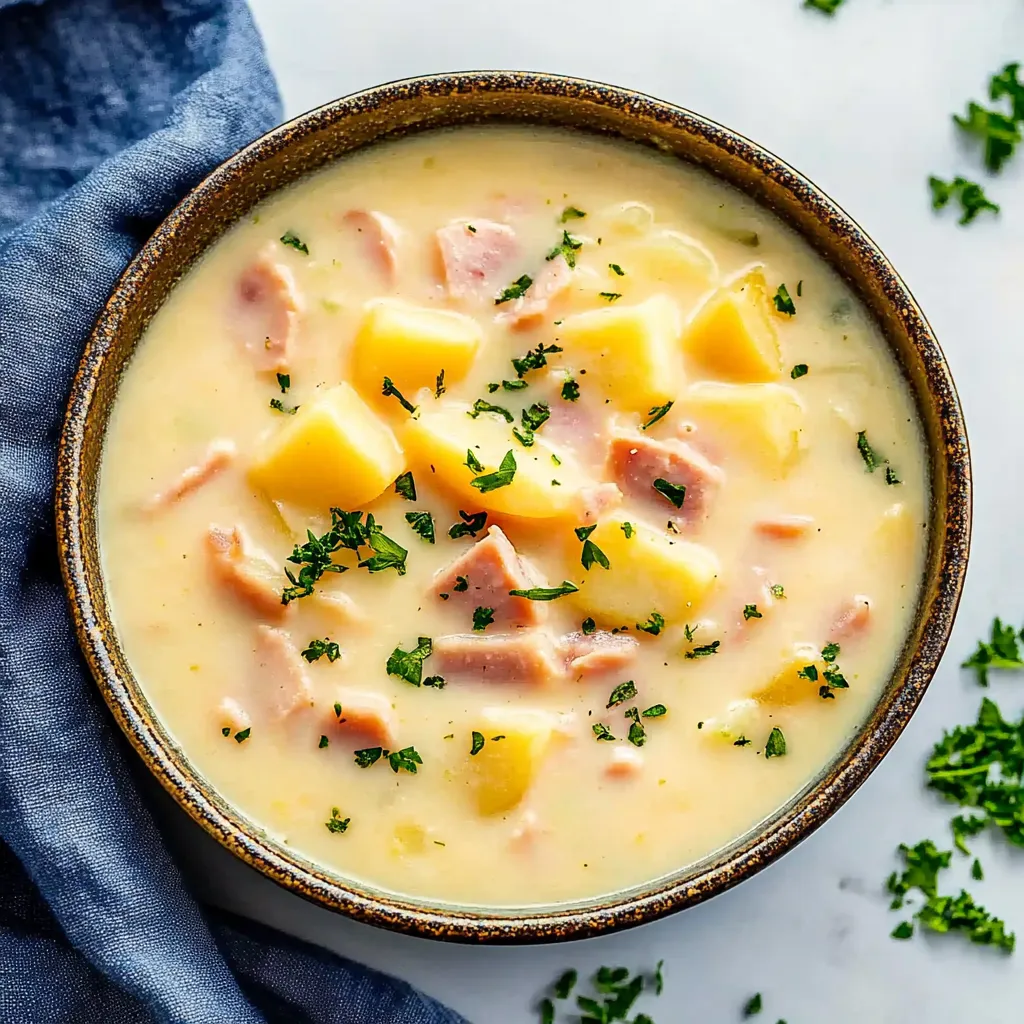 A bowl of soup with a green herb on top.