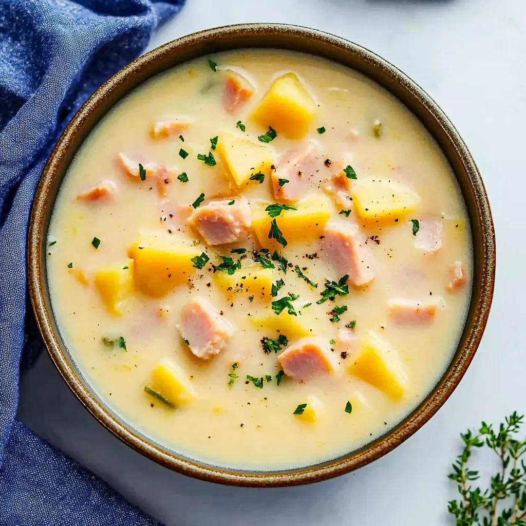 A bowl of soup with a green herb on top.