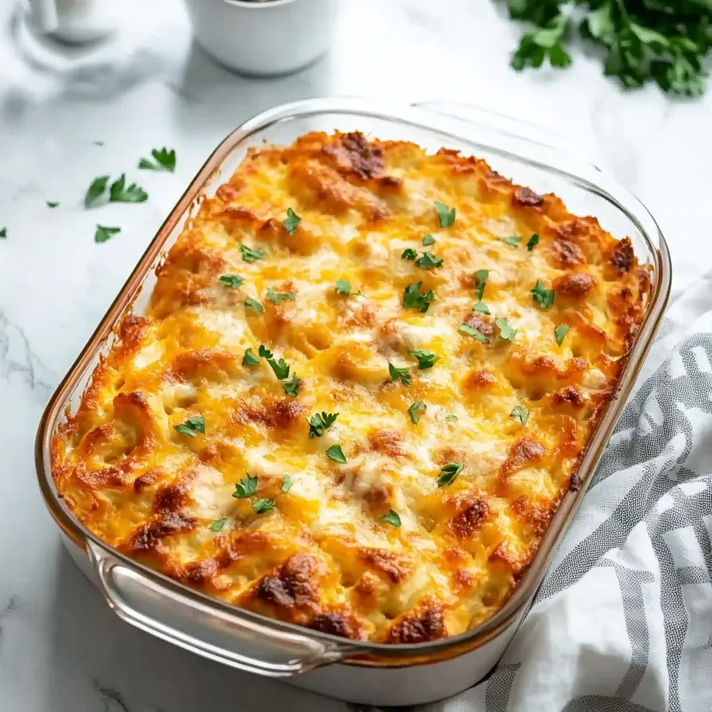 A glass dish filled with a cheesy casserole.